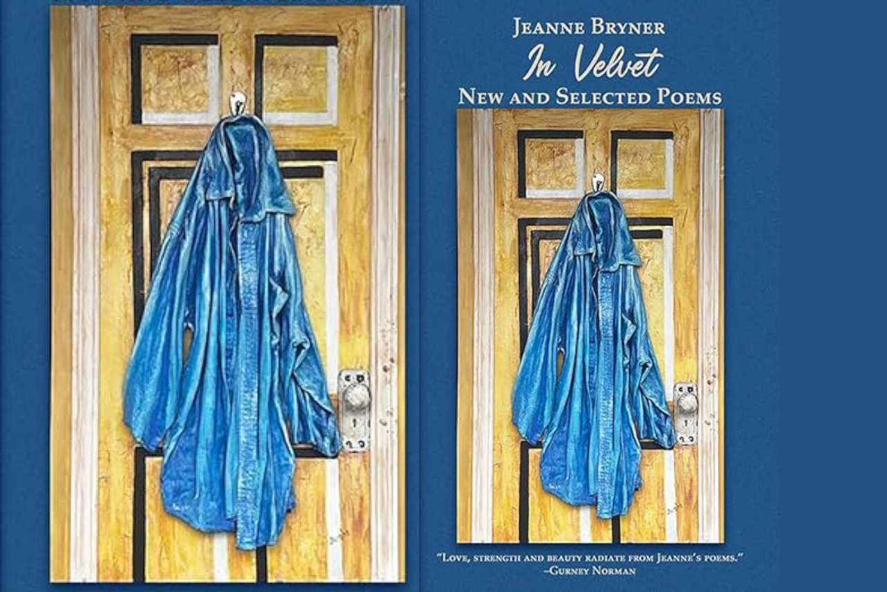 cover art for In Velvet by Jeanne Bryner.  Painting of worn blue shirt haning on door